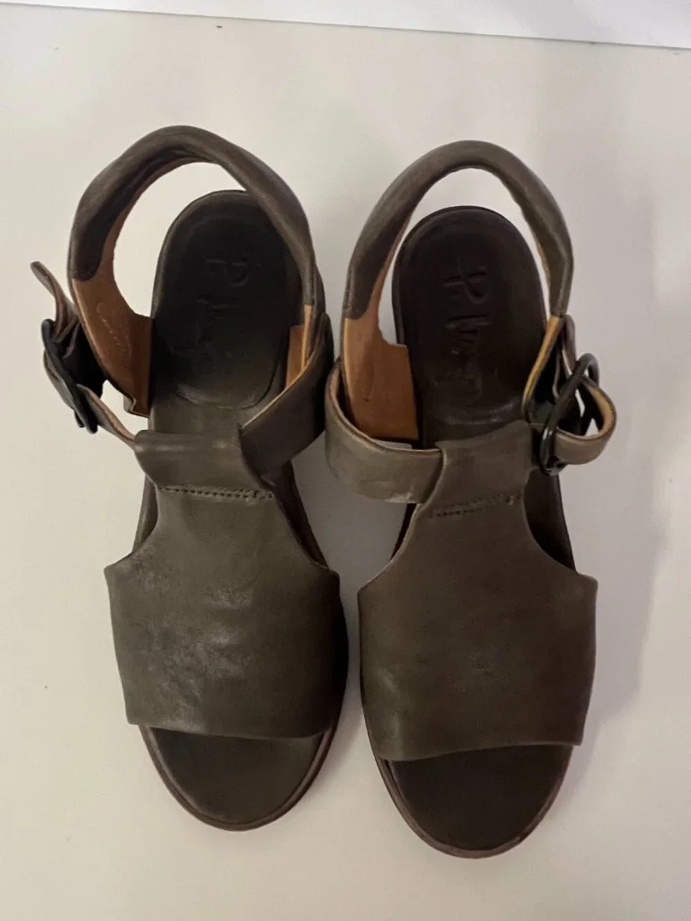 P. Monjo P748 Sandals Open Toed Leather Grey Green Wide T Strap Block Heel W37.5